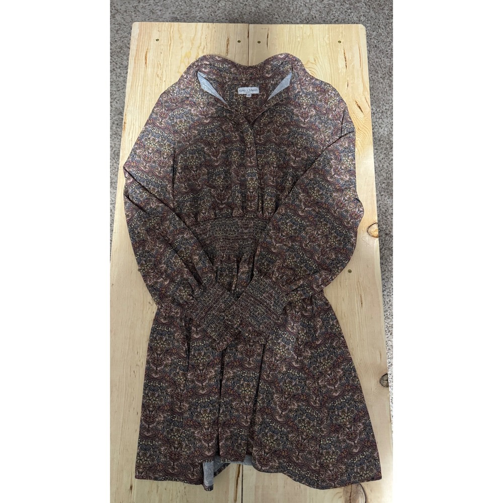Koko + Mason Womens Medium Boho Floral Smocked Waist Long Sleeve Mini Dress‎